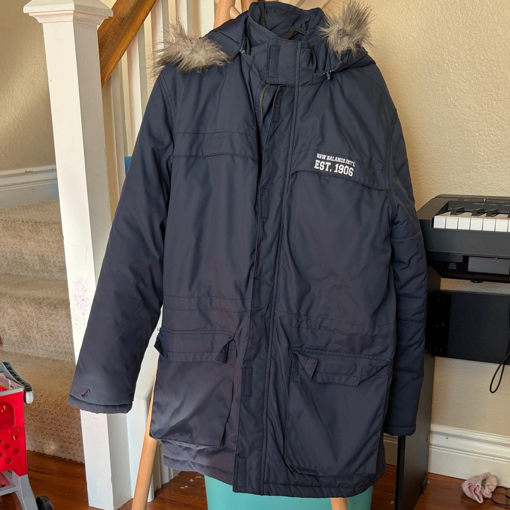 New Balance Dark Blue Puffer Coat with Faux Fur Hood